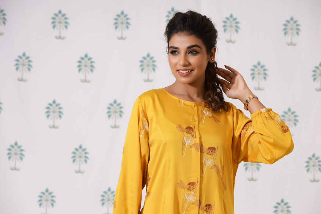 Shahnaz Co-ord Set- Mustard Bouquet - October Jaipur