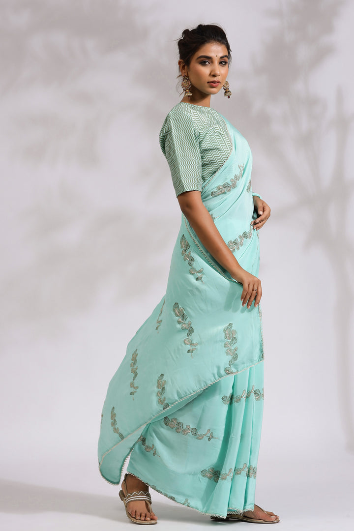 Green Ash Lemon Grass - Silk Crepe Saree - October Jaipur