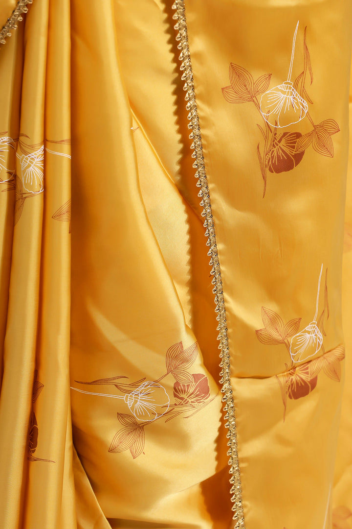 Mustard Bouquet-Silk Satin Saree - October Jaipur