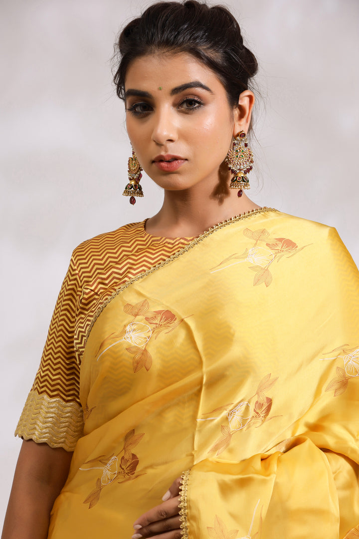 Mustard Bouquet-Silk Satin Saree - October Jaipur