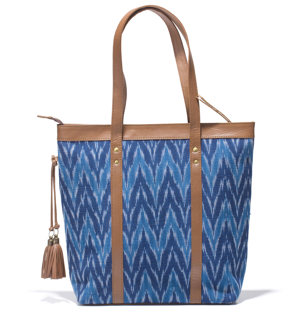 Shoppers Bag - Blue Ikat Durrie - October Jaipur