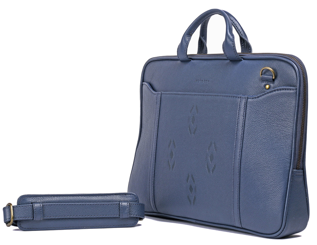 Blue Leather laptop bag-Ikat imprints - October Jaipur