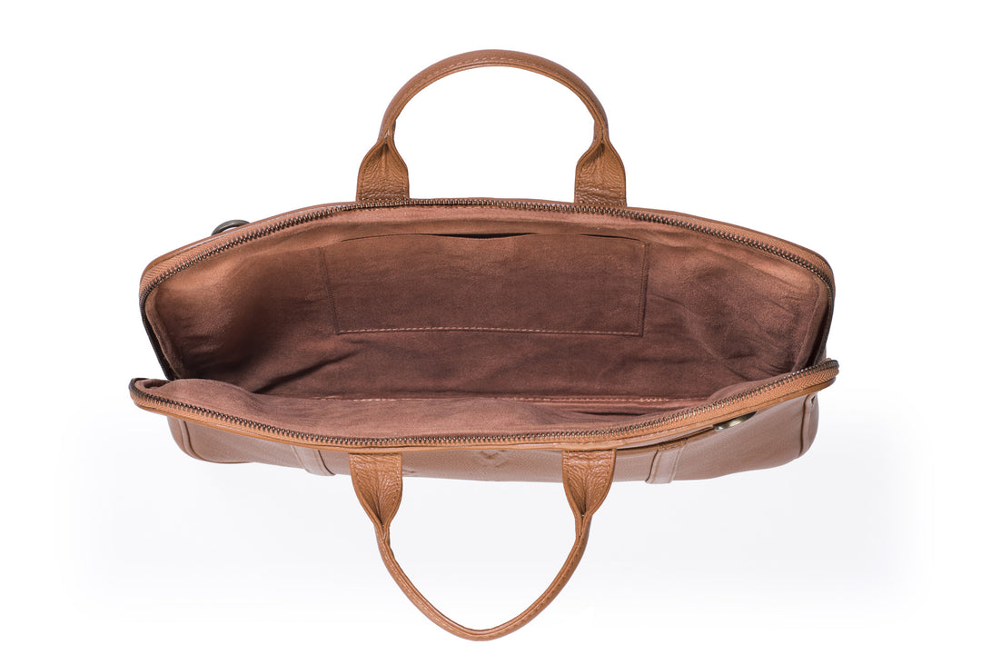 Tan Leather laptop bag-Ikat imprints - October Jaipur