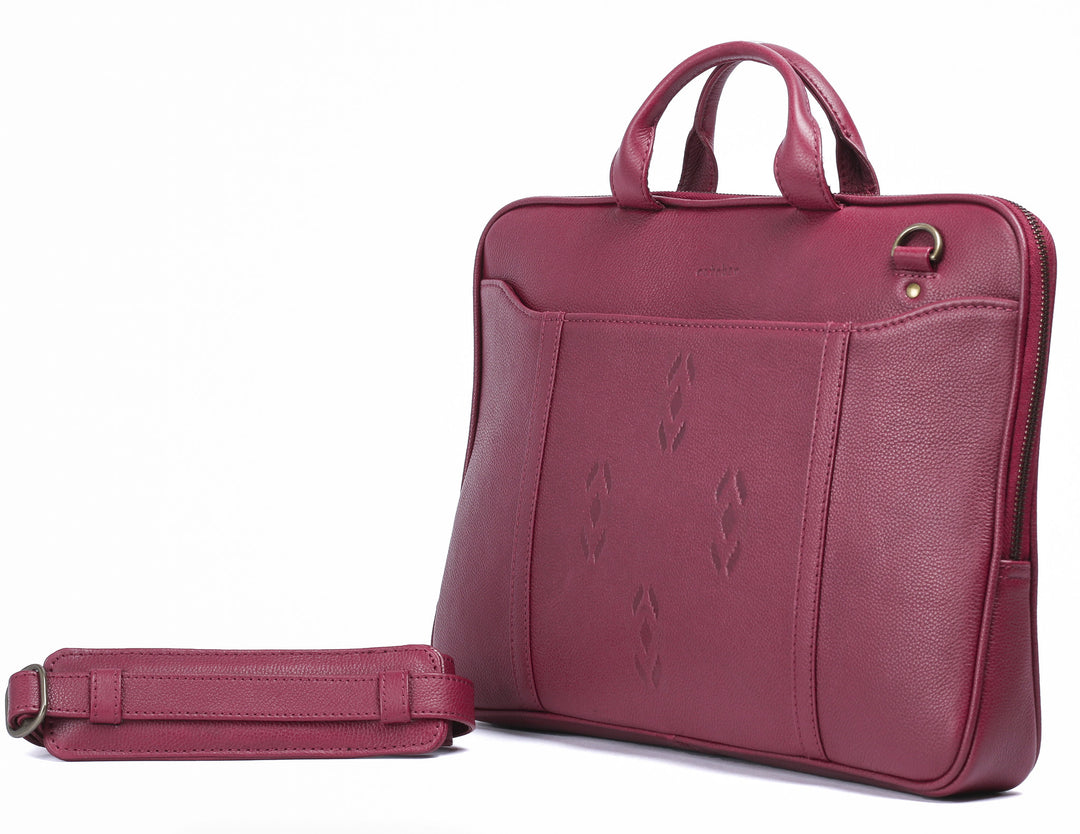 Maroon Leather laptop bag-Ikat imprints - October Jaipur