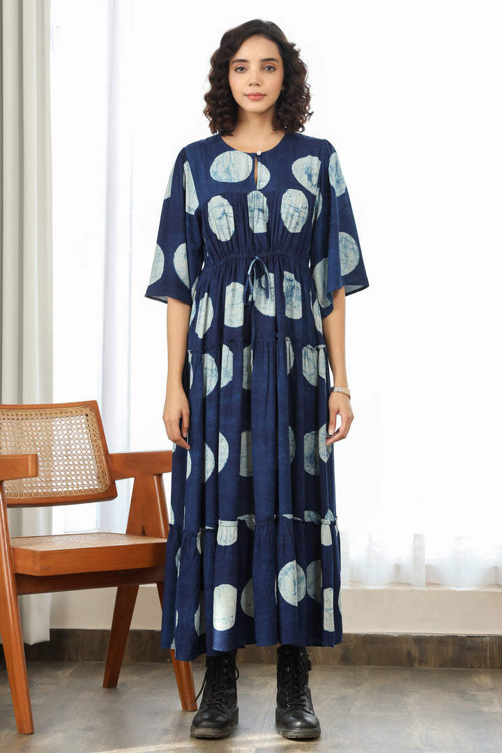 Tiered Long Dress- Indigo Polka