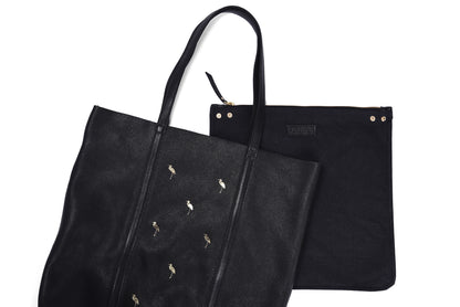 Leather Tote Black- Flamingo - October Jaipur