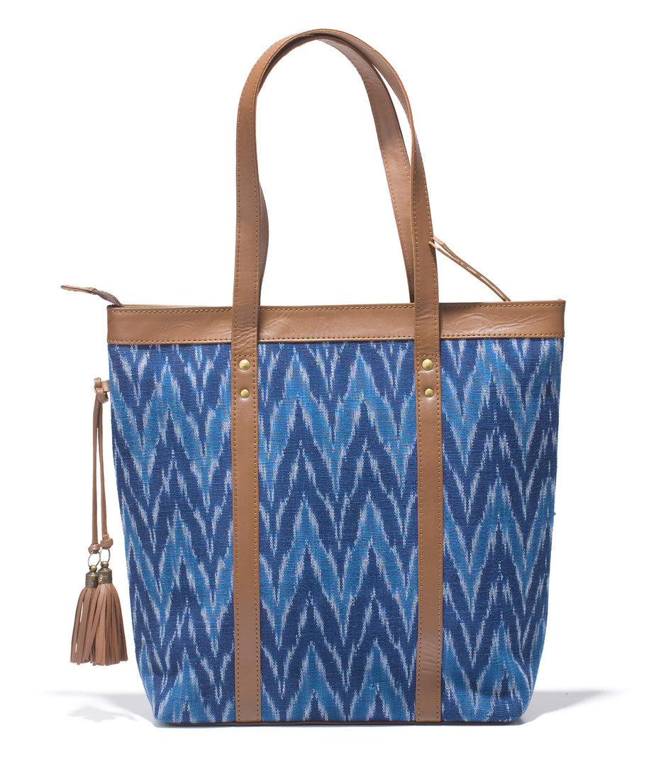 Shoppers Bag - Blue Ikat Durrie - October Jaipur