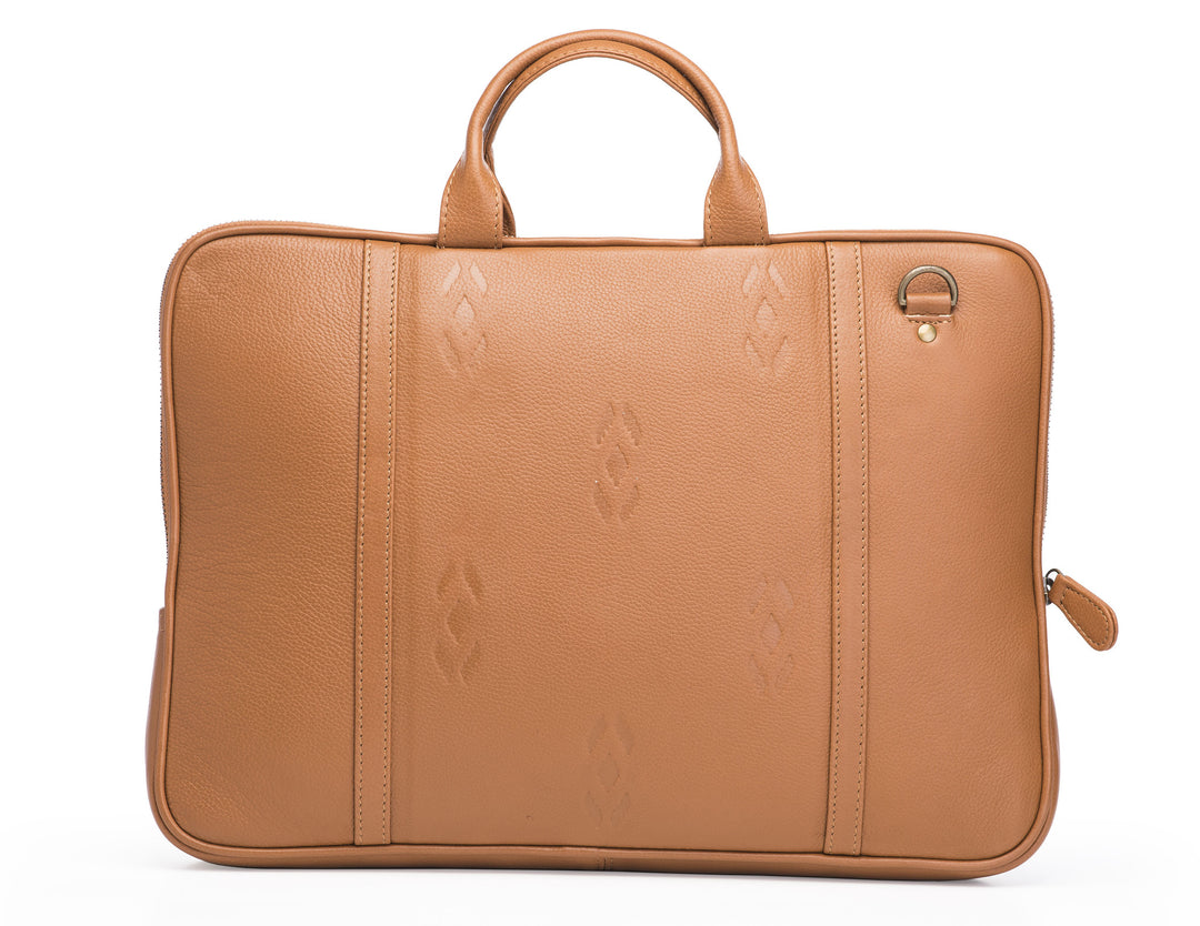 Tan Leather laptop bag-Ikat imprints - October Jaipur