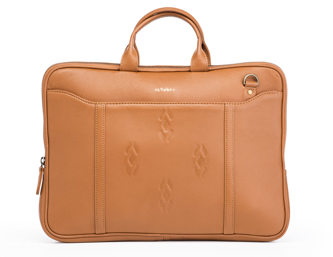 Tan Leather laptop bag-Ikat imprints - October Jaipur